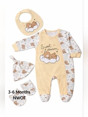 Sweet Dream Teddy Bear Baby One-Piece with Hat, Bib & Mittens 3-6 Months NWOT